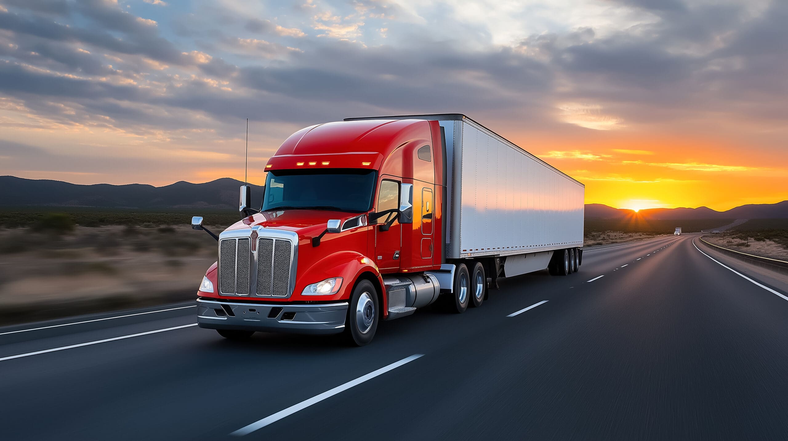 Bright orange truck on the road at sunset
